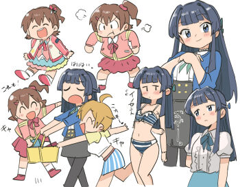 Rule 34 | 3girls, :d, ^ ^, arm behind back, bikini, black hair, blue bikini, blue eyes, blue shirt, blush, brown hair, closed eyes, closed mouth, commentary request, ibuki tsubasa, idolmaster, idolmaster million live!, kasuga mirai, long hair, looking at viewer, mogami shizuka, multiple girls, multiple views, official alternate costume, one side up, open mouth, pink shirt, rainbow prime (idolmaster), shirt, short hair, simple background, smile, strawberry pop moon (idolmaster), swimsuit, tsubobot, v-shaped eyebrows, walking, white background, white shirt