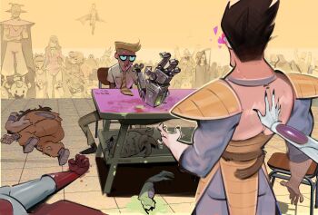 arm_wrestling commentary dad_(dexter's_laboratory) dexter's_laboratory dragon_ball dragonball_z english_commentary frieza highres mechanical_arms omni-man philtomato piccolo scared vegeta yamcha