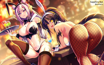 2girls animal_ears artist_name au_ra backboob bar_(place) black_bow black_bowtie black_hair black_leotard black_panties blurry blurry_background bow bowtie breasts brown_thighhighs character_name cleavage closed_mouth collar commission cup double_bun dragon_horns dragon_tail drinking_glass fake_animal_ears final_fantasy final_fantasy_xiv fishnet_pantyhose fishnets from_behind hair_bun highres holding holding_cup holding_tray horns large_breasts leaning_forward leaning_on_object lens_flare leotard long_hair looking_at_viewer mole mole_on_breast multiple_girls navel open_mouth panties pantyhose pink_eyes pink_hair playboy_bunny ponytail pubic_tattoo rabbit_ears samael_(5211) sapphira_nyx scales second-party_source smile stomach tail tattoo thighhighs tray underwear warrior_of_light_(ff14) white_collar white_wrist_cuffs wine_glass wrist_cuffs