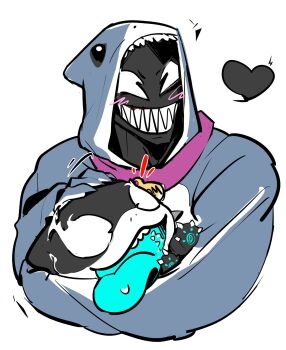 2boys blush chinese_commentary commentary_request fangs fidorubeibi grin headpat heart highres hood hooded_pajamas hug jeff_(marvel) jeff_the_land_shark_(devouring_duo) looking_at_viewer male_focus marvel marvel_rivals multiple_boys notice_lines onesie open_mouth pajamas pawpads smile spider-man_(series) symbiote tongue tongue_out venom_(marvel)