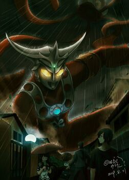 1girl 1other 3boys alien black_shirt briefcase building chest_jewel eating floating flying food food_in_mouth gate gem_on_head giant giant_monster glowing glowing_eyes glowing_gem harumakoto47 highres horns house jellyfish kaijin kaiju leaf levitation monster multiple_boys night no_pupils overcast popsicle popsicle_in_mouth rain school_uniform seijin shirt silverbloome sky storm superhero_costume tentacles tree tsuburaya_productions ultra_series ultraman_leo ultraman_leo_(series) umbrella variant_set white_shirt wind yellow_eyes