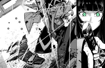 2girls bandana black_hair blunt_bangs boomerang_(earclacks) commentary earclacks english_commentary green_eyes greyscale highres holding holding_boomerang holding_sword holding_weapon katana_(earclacks) monochrome multiple_girls sakanaflyer shirt sleeveless sleeveless_shirt sword textless_version weapon