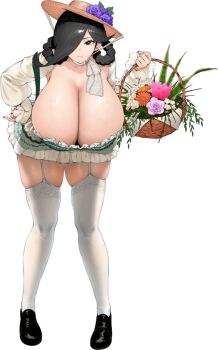 Rule 34 | 1girl, basket, black eyes, black hair, black knight (kyonyuu fantasy burst), braid, breasts, dress, flower, game cg, gigantic breasts, grey eyes, hat, kyonyuu fantasy, kyonyuu fantasy burst, mature female, official alternate costume, official art, shoes, tagme, thighs, third-party source