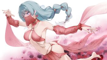 1girl 4ddd absurdres arm_up ass bare_shoulders barefoot braid breasts commentary detached_sleeves earrings from_side grey_eyes grey_hair harem_outfit heterochromia highres jewelry long_hair medium_breasts mouth_veil nail_polish navel parted_lips phrolova_(wuthering_waves) pink_eyes red_nails revealing_clothes solo stomach tacet_mark_(wuthering_waves) veil wuthering_waves