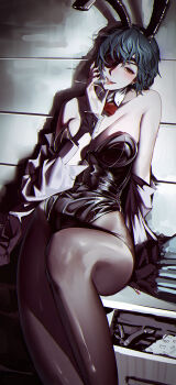 1yen absurdres animal_ears blush bow bowtie breasts chainsaw_man cigarette coat coat_of_arms drawer eyepatch highres himeno_(chainsaw_man) holding holding_cigarette large_breasts leggings looking_at_viewer nail_polish pink_nails playboy_bunny rabbit_ears red_bow short_hair sitting smile smoking tagme