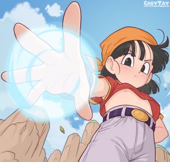 1girl bandana belt black_belt black_eyes black_hair casytay cloud commentary dragon_ball dragon_ball_gt english_commentary flat_chest highres loli nipples pan_(dragon_ball) red_shirt shirt sky solo