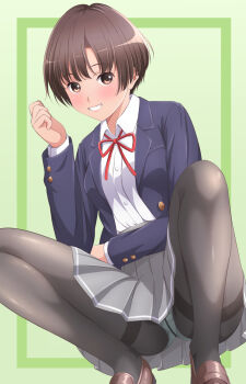 1girl akippoi_0919 black_pantyhose blazer brown_eyes brown_hair highres jacket loafers original panties panties_under_pantyhose pantyhose school_uniform shoes short_hair squatting underwear
