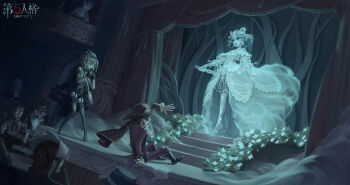 3boys 6+girls absurdres arm_garter bag balcony bane_(identity_v) black_cape black_collar black_footwear black_gloves black_headwear black_leotard black_skirt black_thighhighs blonde_hair bloomers boots bracelet brown_hair button_eyes buttons candle candlestand cape chen_zhang circlet collar copyright_name covering_own_mouth curtains demi_bourbon dress drill_hair earrings emma_woods feather_dress fedora flower freddy_riley garter_straps glasses gloves goggles goggles_on_head hair_bun hat head_chain high-low_skirt high_heels highres hollow_eyes identity_v jacket jewelry leotard lips looking_at_another margaretha_zelle margaretha_zelle_(kroto) mary_(identity_v) mary_(lady_bella)_(identity_v) mask mike_morton multiple_boys multiple_girls norton_campbell norton_campbell_(ronald_of_nice) off-shoulder_dress off_shoulder official_alternate_costume official_art open_mouth outstretched_arm pants purple_eyes red_jacket red_pants scared see-through_clothes see-through_sleeves short_hair shoulder_bag showgirl_skirt side_cape single_hair_bun sitting skirt sleeve_cuffs stage stage_curtains stairs standing table tailcoat thighhighs top_hat tracy_reznik transparent underwear veil vera_nair white_flower