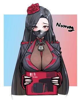 1girl between_breasts black_hair black_nails blue_background blush bodysuit breasts commentary english_commentary fingerless_gloves fingernails flower game_console gloves goddess_of_victory:_nikke gradient_background hair_flower hair_ornament highres jacket large_breasts lock long_hair looking_at_viewer maiden_(nikke) mask mouth_mask nail_polish nintendo_switch_2 noorung padlock padlocked_collar red_background red_eyes side_part solo spikes strap_between_breasts turtleneck upper_body very_long_hair white_background wing_collar