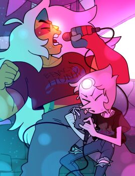 2girls adventure_time alternate_costume breasts casual closed_eyes colored_skin discount-supervillain forehead_jewel gem gem_(steven_universe) glowing_gem highres holding jasper_(post-corruption)_(steven_universe) jasper_(species)_(steven_universe) jasper_(steven_universe) long_hair microphone multiple_girls open_mouth pale_skin pearl_(gemstone) pearl_(species)_(steven_universe) pearl_(steven_universe) pink_hair pointy_nose shirt short_hair steven_universe steven_universe:_future steven_universe_future sweat