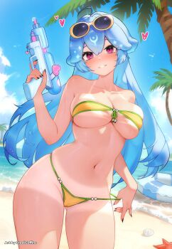 1girl absurdres artist_name bao_the_whale beach bikini black_nails blue_hair blue_sky breasts cloud eyewear_on_head heart highres holding holding_water_gun indie_virtual_youtuber long_hair navel ocean palm_tree pink_eyes shell sky solo starfish stealcoffins strap_pull strapless strapless_bikini sunglasses swim_ring swimsuit tan tanline tree virtual_youtuber water_gun ych_commission yellow_bikini