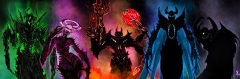 2girls 3boys absurdres armor artist_logo artist_name axe battle_axe blue_theme boomshootart chaos_(warhammer) chaos_god commentary crazy_grin crossover decay decaying_skin demon demon_girl demon_horns disease divine_entity doom_(2016) doom_(series) english_commentary evil_grin evil_smile extra_arms extra_eyes green_theme grin heresy highres holding holding_axe holding_weapon horns khorne logo looking_at_viewer malice_(warhammer) multiple_boys multiple_girls nurgle one-eyed open_mouth pauldrons pink_theme red_theme shoulder_armor side-by-side silhouette slaanesh smile spiked_arm spikes teeth tzeentch warhammer_40k weapon white_theme wings