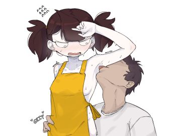 1boy 1girl apron blush breasts brown_hair commentary covered_erect_nipples crosshatching english_commentary faceless faceless_male flying_sweatdrops hatching_(texture) heart hetero highres jaiden_animations licking licking_armpit medium_breasts naked_apron open_mouth original shirt sideboob sweat trembling twintails wavy_mouth white_shirt yellow_apron zlix0n