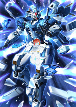 1girl amasaki_yusuke aqua_eyes aura bit_(gundam) closed_mouth commentary ericht_samaya glass_shards gundam gundam_aerial_rebuild gundam_suisei_no_majo highres looking_at_viewer mecha mobile_suit open_hand outstretched_arm red_hair robot science_fiction short_eyebrows short_hair signature space spacesuit star_(sky) thick_eyebrows v-fin