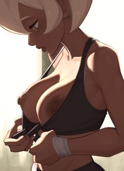 1girl absurdres bea_(pokemon) black_bra bra breasts dark-skinned_female dark_skin dressing highres large_breasts nintendo nipples pokemon pokemon_swsh solo underwear upper_body vehn white_hair