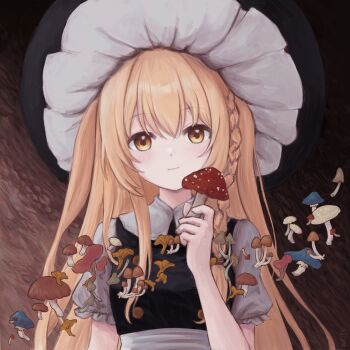 1girl blonde_hair braid fly_agaric hat highres holding holding_mushroom juliet_sleeves kirisame_marisa light_smile long_sleeves looking_at_viewer mushroom puffy_sleeves short_sleeves single_braid solo touhou yellow_eyes zozoru