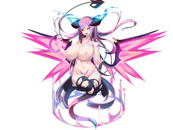 1girl angry arms_up black_horns black_thighhighs blue_fire breasts demon_girl demon_horns demon_tail demon_wings energy energy_wings eyes_visible_through_hair facial_tattoo fire floating floating_hair full-body_tattoo game_cg glowing glowing_eyes glowing_wings gradient_hair hairband heart heart_tail horns huge_breasts legs_up lilith_origin_(mon-musu_quest!) long_hair magic_circle mon-musu_quest! mon-musu_quest:_paradox multicolored_hair navel neck_tattoo nipples non-web_source nose nude purple_hair purple_hairband red_eyes shiki_(psychedelic_g2) tail tattoo thighhighs torn_clothes torn_thighhighs variant_set very_long_hair wings