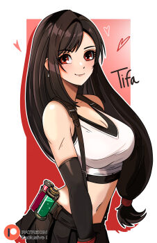 1girl absurdres bare_shoulders black_hair black_skirt border breasts character_name cleavage closed_mouth commentary cosmic_heart_attacks crop_top elbow_gloves english_commentary final_fantasy final_fantasy_vii final_fantasy_vii_remake gloves hair_tie heart highres large_breasts long_hair looking_at_viewer low-tied_long_hair midriff navel one-piece_swimsuit outside_border patreon_logo potion red_background red_eyes skirt smile solo suspender_skirt suspenders swimsuit tank_top tifa_lockhart upper_body white_border white_one-piece_swimsuit white_tank_top