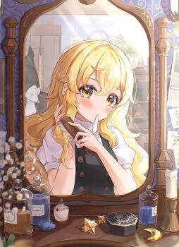1girl absurdres ahoge balance_scale black_hat black_vest blonde_hair book bow brushing_hair cabinet candle commentary_request crescent crystal female_pov flower hair_between_eyes hair_brush hairdressing hat hat_bow hat_ribbon highres holding holding_hair_brush indoors jar kirisame_marisa long_hair looking_at_viewer mini-hakkero mirror mouth_hold no_headwear pov puffy_short_sleeves puffy_sleeves reflection ribbon shirt short_sleeves solo table touhou unworn_hat unworn_headwear upper_body vanity_table vest weighing_scale wheat_retzel white_bow white_flower white_ribbon white_shirt witch_hat