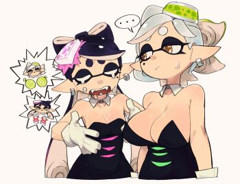 Rule 34 | + +, ..., 2girls, :/, bare shoulders, black dress, black hair, blush, breast conscious, breast envy, breasts, brown eyes, callie (splatoon), chibi, chibi inset, cleavage, closed eyes, closed mouth, collar, collarbone, commentary, cousins, covered erect nipples, cropped torso, crying, detached collar, dress, drooling, earrings, eyelashes, fangs, flat chest, food, food on head, fruit, furrowed brow, gloves, grey hair, hair rings, half-closed eyes, hands up, highres, hoop earrings, jewelry, jumpsuit, large breasts, long hair, looking at another, looking at breasts, looking down, marie (splatoon), medium breasts, mole, mole under eye, multicolored hair, multiple girls, nintendo, object on head, open mouth, orly custer, personality switch, pointy ears, saliva, short eyebrows, short hair, short jumpsuit, simple background, small breasts, speech bubble, splatoon (series), spoken ellipsis, strapless, strapless dress, suction cups, sweat, sweatdrop, talking, tears, teeth, tentacle hair, thick eyebrows, u u, untranslatable commentary, upper body, very long hair, white background, white collar, white gloves, white hair