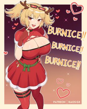 1girl alternate_costume artist_name belt black-framed_eyewear black_belt blonde_hair border breasts burnice_white character_name cleavage cleavage_cutout clothing_cutout commentary dress eyewear_on_head fake_antlers feet_out_of_frame finger_to_cheek fingerless_gloves gloves gradient_background hand_on_own_hip heart highres kaos_art large_breasts looking_at_viewer medium_hair open_mouth outside_border patreon_username red-tinted_eyewear red_dress red_eyes red_gloves red_thighhighs santa_costume santa_dress short_sleeves smile solo sunglasses thigh_strap thighhighs tinted_eyewear twintails yellow_border zenless_zone_zero