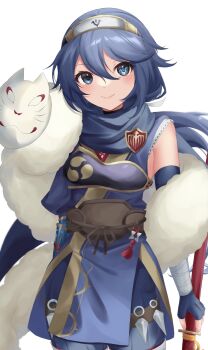 Rule 34 | 1girl, arm wrap, blue eyes, blue gloves, blue hair, blush, brand of the exalt, closed mouth, ell 0314, fingerless gloves, fire emblem, fire emblem awakening, fire emblem heroes, forehead protector, fox mask, gloves, hair between eyes, highres, holding, holding sword, holding weapon, japanese clothes, katana, kunai, long hair, looking at viewer, lucina (fire emblem), lucina (ninja) (fire emblem), mask, mask on shoulder, ninja, nintendo, official alternate costume, official alternate hairstyle, sleeveless, smile, solo, sword, weapon