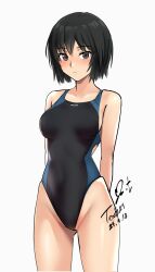 Rule 34 | 1girl, amagami, arms behind back, bare shoulders, black hair, black one-piece swimsuit, blue one-piece swimsuit, blush, breasts, brown eyes, closed mouth, commentary request, competition swimsuit, covered navel, cowboy shot, dated, gluteal fold, groin, highleg, highleg swimsuit, highres, looking at viewer, medium breasts, nanasaki ai, one-piece swimsuit, parted lips, revision, short hair, signature, simple background, solo, swimsuit, two-tone swimsuit, white background, yoo tenchi