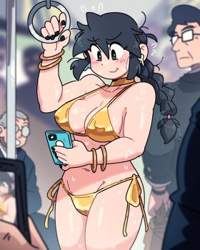 1girl 6+boys :t absurdres arm_support bikini black_nails blurry blurry_background braid breasts curvy depth_of_field female_pervert flying_sweatdrops gold_bikini groin hetero highres holding holding_phone long_hair looking_at_another lucia_(scott_malin) medium_breasts multiple_boys nail_polish navel original people pervert phone public_indecency scott_malin shiny_skin side-tie_bikini_bottom single_braid smile sweat sweatdrop swimsuit symbol-shaped_pupils thong thong_bikini train train_interior very_sweaty wide_hips