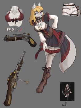 1girl animal_ears animal_nose belt belt_around_waist belt_buckle black_dress blonde_hair boots bow bow_panties bra breasts brooch brown_belt buckle cleavage closed_mouth collared_dress collared_shirt commentary comparison corset double-barreled_shotgun dress english_commentary english_text filigree fox_ears fox_girl fox_tail full_body furry furry_female gfox40400 gold_buttons gold_trim grey_background gun hair_between_eyes high_collar highres holster jewelry lace lace-trimmed_bra lace-trimmed_legwear lace-trimmed_panties lace-up_boots lace-up_top lace_trim layered_dress layered_skirt leaning_forward leather leather_boots long_hair long_sleeves looking_at_viewer medium_breasts multicolored_dress multiple_views neck_fur original overskirt panties petticoat pleated_dress pleated_skirt puffy_short_sleeves puffy_sleeves purple_eyes red_bra red_dress reference_sheet ribbon rifle shirt short_sleeves shotgun simple_background skirt snout solo steampunk tail thigh_holster thigh_strap thighhighs underbust underwear victorian weapon white_dress white_fur white_panties white_tail zettai_ryouiki