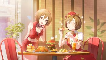 2girls :d ^_^ blush breasts brown_eyes brown_hair burger center_frills chair cleavage closed_eyes colorful_palette cropped_jacket drink drinking_straw dual_persona eating fingernails flag flower food frills fruit game_cg glass hat hat_flower highres holding holding_food ice_cream jacket link_the_beats!_(project_sekai) meiko_(vocaloid) multiple_girls nail_polish official_art open_mouth pancake pancake_stack pasta pizza plant plate potted_plant project_sekai red_hat red_jacket red_nails red_skirt red_wrist_cuffs sandwich sitting skirt smile spaghetti star_(symbol) strawberry table third-party_source tree vocaloid wonderlands_x_showtime_meiko wrist_cuffs yellow_flower