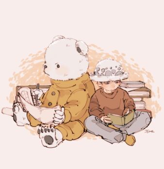 2boys aged_down akuta_ji bear_boy bepo_(one_piece) black_eyes black_hair blue_pants book book_stack commentary_request crew_neck denim furry furry_male grey_background hat holding holding_map holding_pen indian_style jeans jumpsuit long_sleeves looking_at_object male_focus map multiple_boys one_piece open_book orange_jumpsuit pants pen reading red_shirt shirt short_hair sitting trafalgar_law v-shaped_eyebrows white_hat