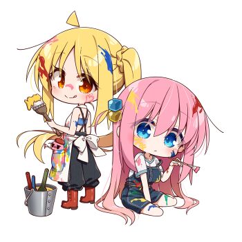 2girls :q ahoge apron bare_arms bare_shoulders black_pants blonde_hair blue_eyes blue_overalls blush bocchi_the_rock! boots brown_boots bucket chibi chibi_only chika_(06chimika13) closed_mouth commentary_request cube_hair_ornament full_body gotoh_hitori hair_between_eyes hair_ornament holding holding_paintbrush ijichi_nijika long_hair looking_at_viewer multiple_girls one_side_up orange_eyes overalls paint_on_body paint_on_clothes paintbrush pants pink_hair shirt short_sleeves side_ponytail simple_background sitting smile standing tongue tongue_out white_apron white_background white_shirt