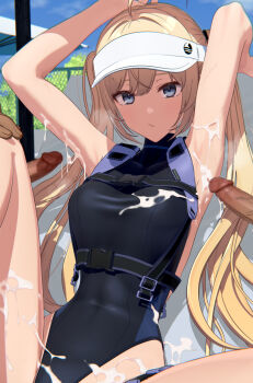 1girl 2boys 3d :/ akehi_yuki armpits black_leotard blonde_hair breasts buckle censored commentary cum cum_on_armpits cum_on_body cum_on_legs erection grey_eyes harness hat heattech_leotard highleg highleg_leotard highres leotard long_hair looking_at_viewer medium_breasts miyo_(akehi_yuki) mosaic_censoring multiple_boys original penis reclining sleeveless snap-fit_buckle symbol-only_commentary thighs turtleneck twintails visor_cap white_hat
