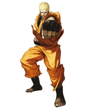 Rule 34 | 1boy, black gloves, blonde hair, dougi, fighting stance, fingerless gloves, full body, gloves, highres, looking at viewer, male focus, mma gloves, nona, official art, punching, ryou sakazaki, ryuuko no ken, snk, solo, svc chaos, the king of fighters, toeless legwear, toes