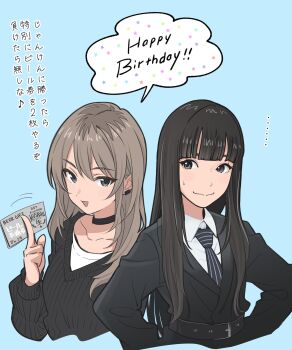 2girls absurdres altojpeg black_hair blue_background blue_eyes blunt_bangs brown_hair girls_band_cry happy_birthday highres kawaragi_momoka long_hair multiple_girls real_life smile speech_bubble togenashi_togeari upper_body voice_actor_connection yuri_(voice_actor)