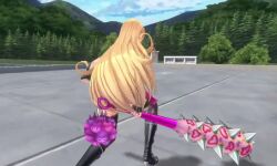 1girl 3d action_taimanin animated ass bikini bouncing_breasts breasts butt_crack city day demon_girl demon_horns francis_(taimanin_asagi) holding holding_weapon horns huge_ass long_hair looking_at_viewer outdoors running ryona screencap shiny_skin sound striped_bikini striped_clothes sunglasses swimsuit taimanin_(series) third-party_edit thong_bikini very_long_hair video weapon wide_hips