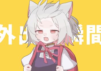 1girl animal_ear_fluff animal_ears arazan_(ara_arazan24) backpack bag black_dress cat_ears child colored_inner_hair dress fang half-closed_eyes hashtag-only_commentary highres kyoufuu_all_back_(vocaloid) looking_ahead multicolored_hair neck_ribbon no_jacket open_mouth pinafore_dress pink_eyes pink_hair randoseru red_bag red_ribbon ribbon sayo_(voicevox) shirt short_hair short_sleeves sleeveless sleeveless_dress solo sweatdrop text_background upper_body voicevox white_hair white_shirt yellow_background