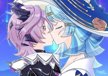 1boy 1girl age_difference alternate_universe andersdotter_(genshin_impact) artist_name black_coat black_horns blue_hair blue_hat blue_sky blunt_ends blush bright_pupils closed_eyes coat collared_coat commentary_request crystal dated diamond-shaped_pupils diamond_(shape) dragon_boy dragon_horns dress durin_(genshin_impact) facing_another floral_print from_side gem genshin_impact glint gold_trim hair_ornament hairclip hat highres horns incest kiss light_blush mother_and_daughter mother_and_son mountainous_horizon night onee-shota paper pink_hair profile purple_gem purple_horns red_eyes rose_print safety_pin safety_pin_hair_ornament shota sky star_(sky) star_(symbol) starry_sky surprised symbol-shaped_pupils two-sided_horns white_dress white_pupils wide-eyed witch_hat yuuya_meiqyuu