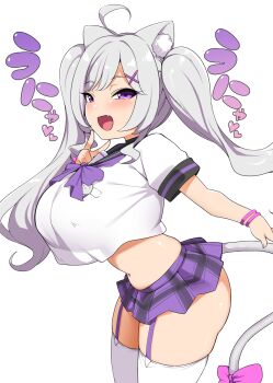 1girl animal_ears bebebe_(pepegakii) blush bow breasts cat_ears cat_girl cat_tail cowboy_shot crop_top crop_top_overhang fang garter_straps hair_ornament highres indie_virtual_youtuber large_breasts leaning_forward long_hair microskirt midriff navel nekono_shirone oppai_loli pink_bow plaid_clothes plaid_skirt purple_eyes purple_skirt school_uniform see-through_silhouette short_sleeves skirt smile solo tail tail_bow tail_ornament thighhighs twintails virtual_youtuber white_thighhighs x_hair_ornament