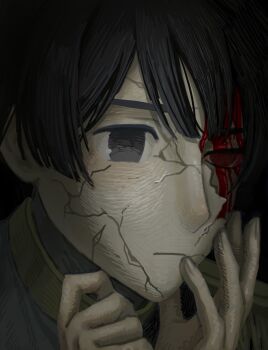 Rule 34 | 1boy, axis powers hetalia, black hair, black jacket, blood, blood on face, broken mask, closed mouth, commentary request, cracked kawaii mask, empty eyes, epaulettes, fingernails, grey eyes, hair between eyes, hand on own face, hands up, highres, jacket, japan (hetalia), looking at viewer, male focus, mask, military, military jacket, military uniform, mm215nnn, multicolored jacket, red eyes, short hair, solo, two-tone jacket, upper body, white jacket