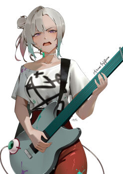 1girl absurdres airani_iofifteen aou13093 aqua_hair breasts commentary electric_guitar english_commentary gradient_hair grey_hair guitar hair_bun highres holding holding_guitar holding_instrument hololive hololive_indonesia instrument large_breasts multicolored_hair open_mouth pants pink_hair purple_eyes red_pants shirt simple_background solo virtual_youtuber white_background white_shirt