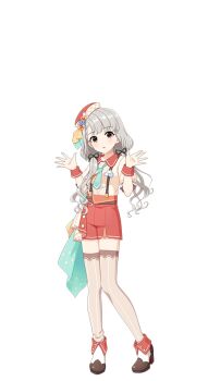 1girl boots braid braided_bangs full_body grey_hair hands_up hat high_heel_boots high_heels hisakawa_nagi idol_clothes idolmaster idolmaster_cinderella_girls idolmaster_cinderella_girls_starlight_stage low_twintails mini_hat official_art open_mouth red_eyes shorts solo thighhighs transparent_background twintails wrist_cuffs