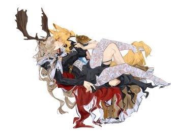 2girls absurdres animal_ear_fluff animal_ears antlers arknights blonde_hair cape deer_antlers highres horns horse_ears horse_girl horse_tail implied_extra_ears kotcate multiple_girls nearl_(arknights) nearl_the_radiant_knight_(arknights) pantyhose tail viviana_(arknights) white_cape yuri