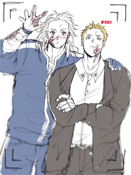 1212unotaro 1boy 1girl blonde_hair blood blood_on_arm blood_on_face blue_eyes blue_jacket blue_pants brown_jacket brown_pants closed_mouth colored_skin commentary_request cowboy_shot crossed_arms dorohedoro highres jacket long_hair looking_at_viewer noi_(dorohedoro) pants recording red_eyes selfie shin_(dorohedoro) shirt short_hair simple_background sketch very_short_hair white_background white_hair white_shirt white_skin