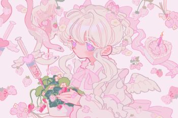 1girl artist_self-insert back_bow bandaid bandaid_on_hand blush bow bowtie braid cake candle closed_mouth colored_eyelashes commentary dress english_commentary expressionless flower food food-themed_hair_ornament fruit grey_eyes hair_between_eyes hair_bow hair_ornament happy_birthday heart highres intravenous_drip leaf long_sleeves looking_ahead original pink_background pink_bow pink_bowtie pink_flower pink_theme plant potted_plant puffy_long_sleeves puffy_sleeves reed short_hair_with_long_locks sidelocks simple_background snake solo strawberry strawberry_cake strawberry_hair_ornament swept_bangs syringe upper_body white_dress white_eyelashes white_flower white_hair white_snake white_wings wings