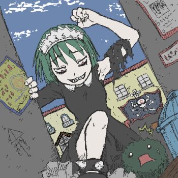 1girl ^^^ arm_up bags_under_eyes cloud creature day dutch_angle evil_grin evil_smile female_focus green_hair grin iya_maid lowres maid maid_headdress marimo neji_(futaba) original outdoors red_eyes short_hair sky smile solo teeth torn_clothes trash_can