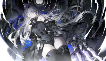 absurdres animal_ears bare_shoulders black_background black_hairband black_leotard black_thighhighs breasts claw_(weapon) closed_mouth clothing_cutout dark_background detached_sleeves grey_eyes grey_hair hair_over_one_eye hairband highres leotard long_hair looking_at_viewer medium_breasts narakuuu no._21_(pgr) official_art one_eye_covered punishing:_gray_raven side_cutout thighhighs watermark weapon weibo_watermark wide_sleeves wolf wolf_ears