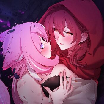 2girls animal_ears black_bra blue_eyes blush bra breasts closed_mouth commentary dyadyadya eden_(honkai_impact) elysia_(honkai_impact) english_commentary eye_contact fingernails hair_between_eyes hand_blush highres honkai_(series) honkai_impact_3rd kemonomimi_mode large_breasts long_fingernails long_hair looking_at_another low_ponytail multicolored_hair multiple_girls orange_eyes pink_hair pink_pupils ponytail red_hood sharp_fingernails streaked_hair sweatdrop tongue tongue_out underwear yuri