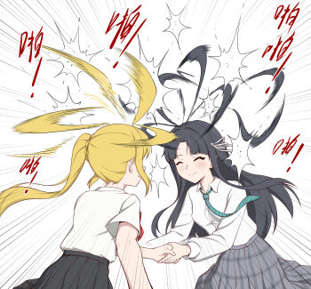 Rule 34 | 2girls, ahoge, anglediana, awa subaru, black hair, black skirt, blonde hair, blue necktie, bocchi the rock!, closed eyes, closed mouth, commentary request, girls band cry, handshake, highres, ijichi nijika, long hair, long sleeves, multiple girls, necktie, parted bangs, plaid clothes, plaid skirt, pleated skirt, prehensile hair, school uniform, shirt, short sleeves, side ponytail, sidelocks, skirt, trait connection, white shirt