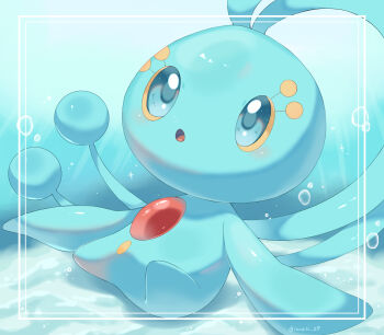 :o antennae artist_name blue_eyes bubble colored_sclera commentary_request eyelashes gen_4_pokemon highres iwasi_29 legendary_pokemon looking_up manaphy mythical_pokemon nintendo no_humans pokemon pokemon_(creature) twitter_username underwater yellow_sclera